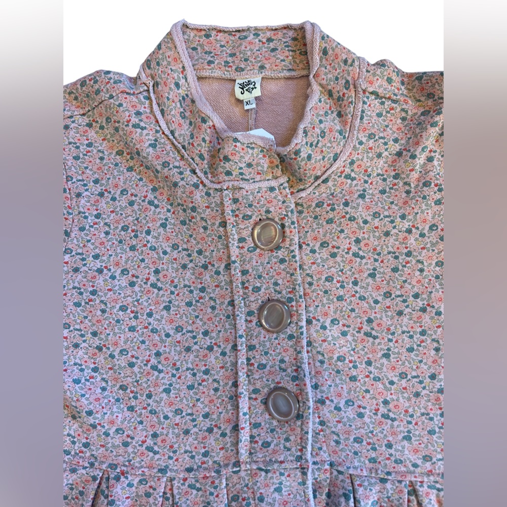 IVY JANE boho style pink long jacket floral chunky buttons pleated waist NWT - Picture 2 of 15